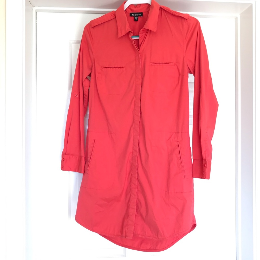 Used bebe Long Sleeve Shirtdress in Tangerine